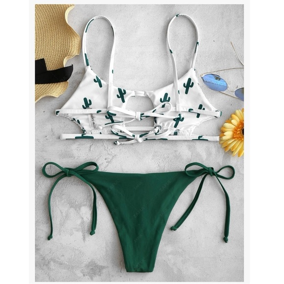 ZAFUL Cactus Print Smocked String Bikini Set Size 4 - Picture 2 of 8